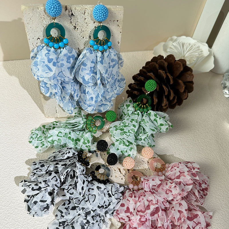 Handmade fabric floral earrings long tassel earrings
