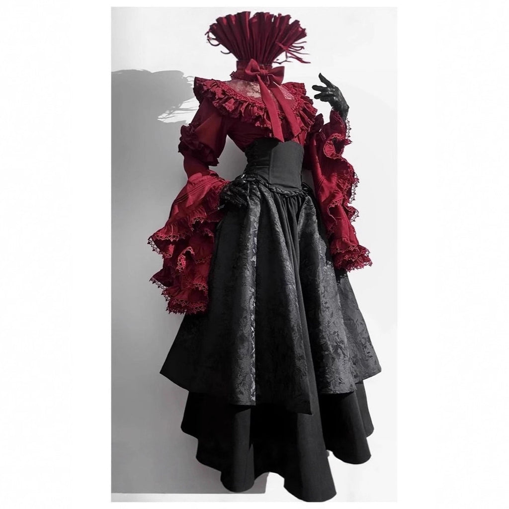 Gothic Lolita Corset Shirt & A-Line Skirt Set | Princess Sleeve Two-Piece Outfit