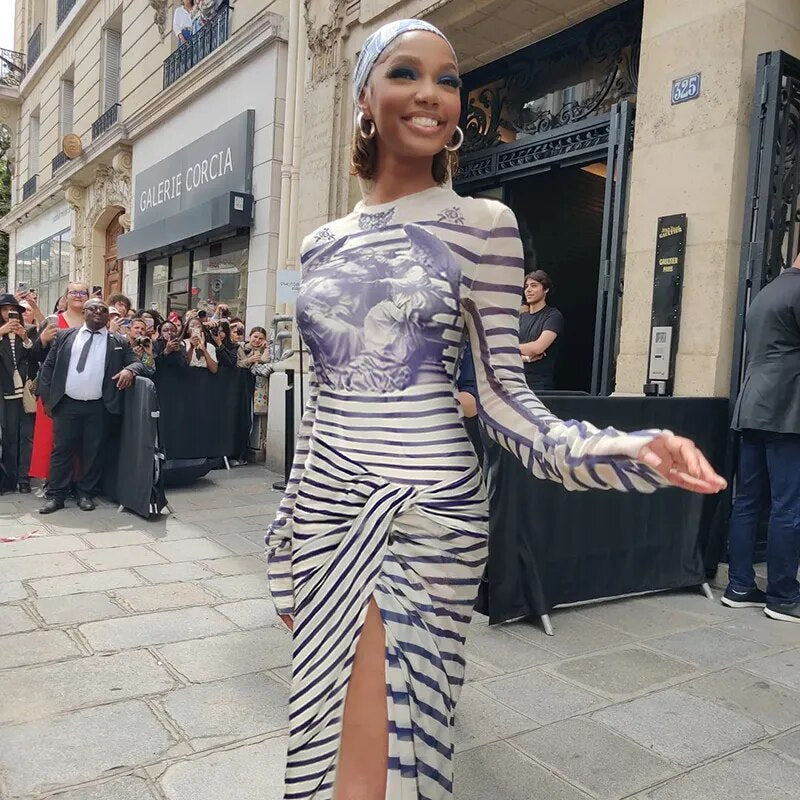 Gothic Punk Vintage Print Two-Piece Set – Striped Slit Dress