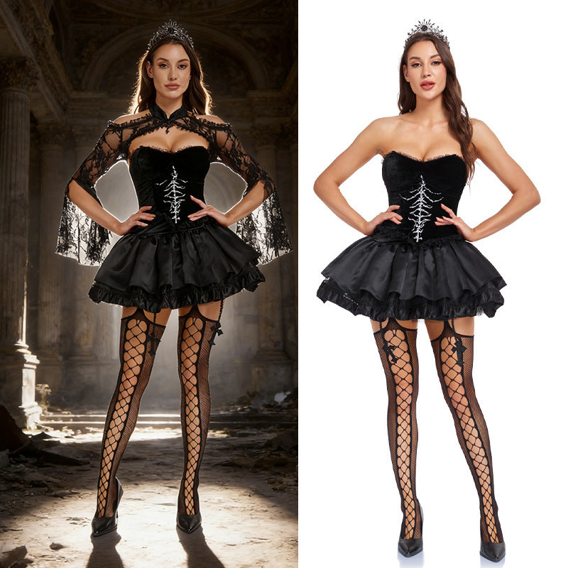Gothic Black Widow Rose Mini Dress Set | Puff Sleeve Witch Vampire Halloween Costume