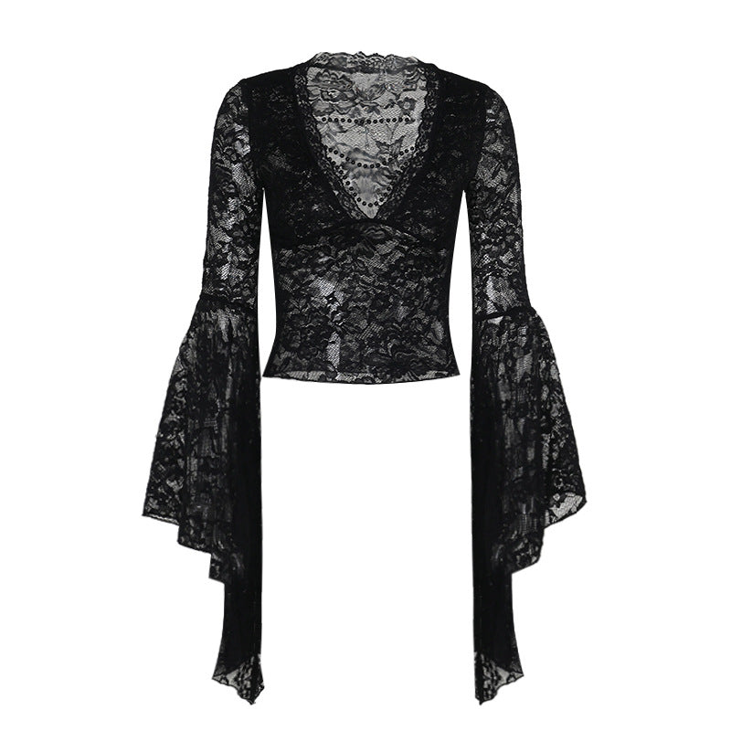Gothic Lace V-Neck Flare Sleeve Top