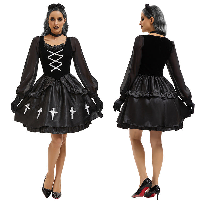 Gothic Ghost Bride Costume Set | 4-Piece Dark Witch Vampire Outfit | Halloween Women's Dress | M–XL