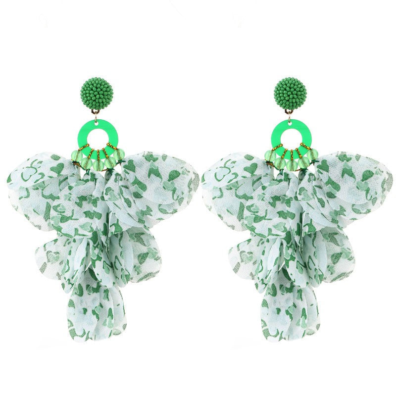 Handmade Fabric Floral Tassel Drop Earrings