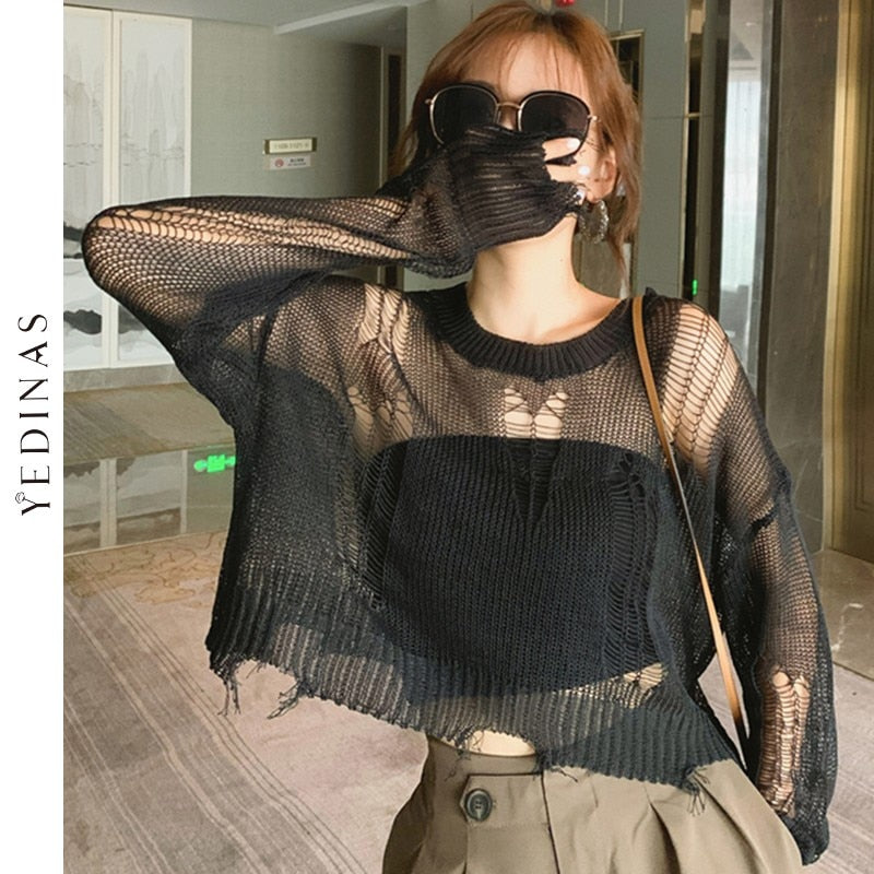 Gothic Hollow-Out Knit Pullover – Short Crop Top