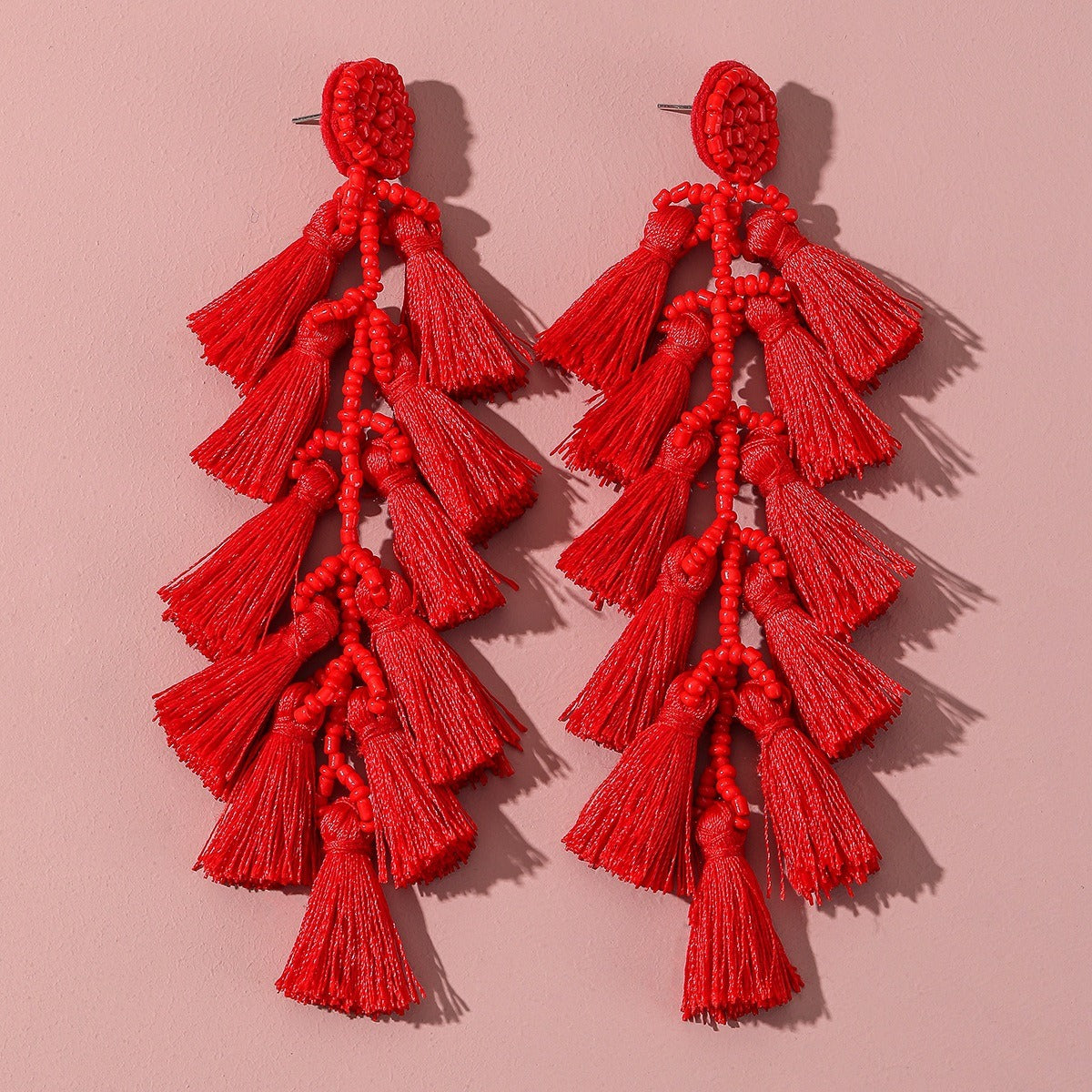 Rice Bead Cascading Tassel Drop Earrings | Long Boho Statement Earrings