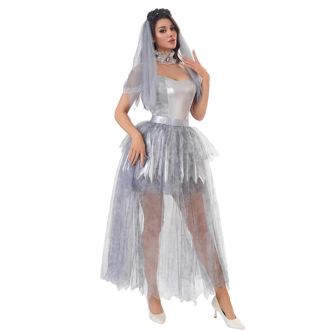 Gothic Ghost Bride Witch Dress Set | Sexy Strapless Dress with Veil & Neckwear