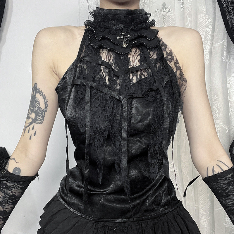 Street Style Gothic Ruffled Rose Strap Top with Spiderweb Bow Neckline for Women