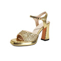 Glitter Platform Block Heel Sandals | Rhinestone Buckle Open Toe Heels