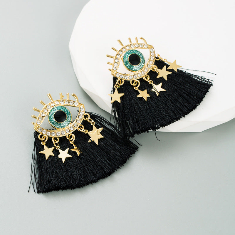 Devil Eyes Diamond Tassel Earrings | Alloy Statement Earrings in Black & Blue
