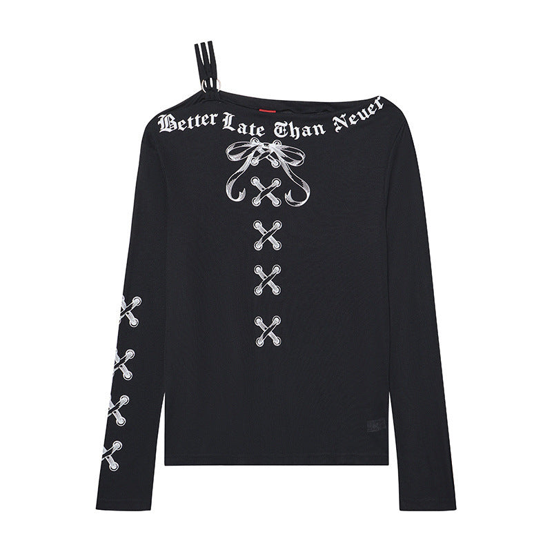 Long Sleeve T-Shirt for Women Gothic Letter Print Slim Fit Bodycon Chic Top
