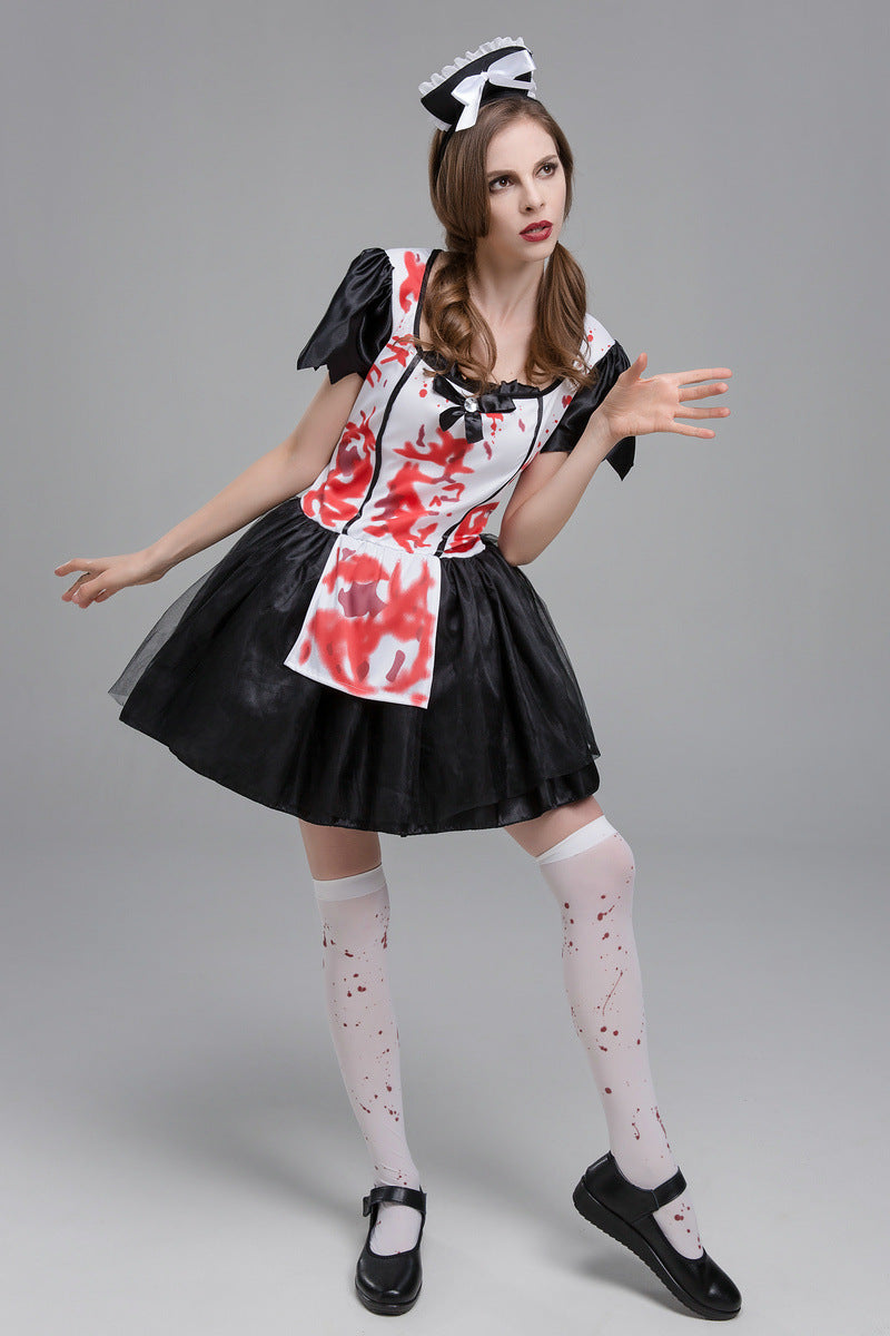 Horror Print Halloween Cosplay Costume Set | Black Floral Skirt & Hair Clip