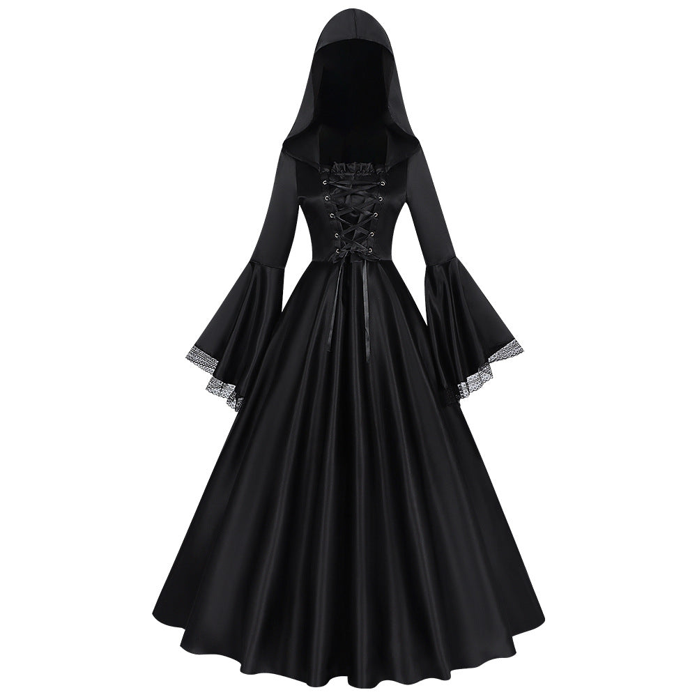 Midnight Gothic Hooded Long Dress | Medieval Witch & Renaissance Cosplay Costume