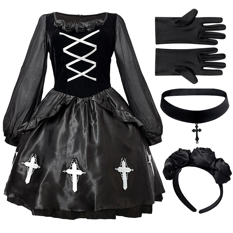 Gothic Ghost Bride Costume Set | 4-Piece Dark Witch Vampire Outfit | Halloween Women's Dress | M–XL