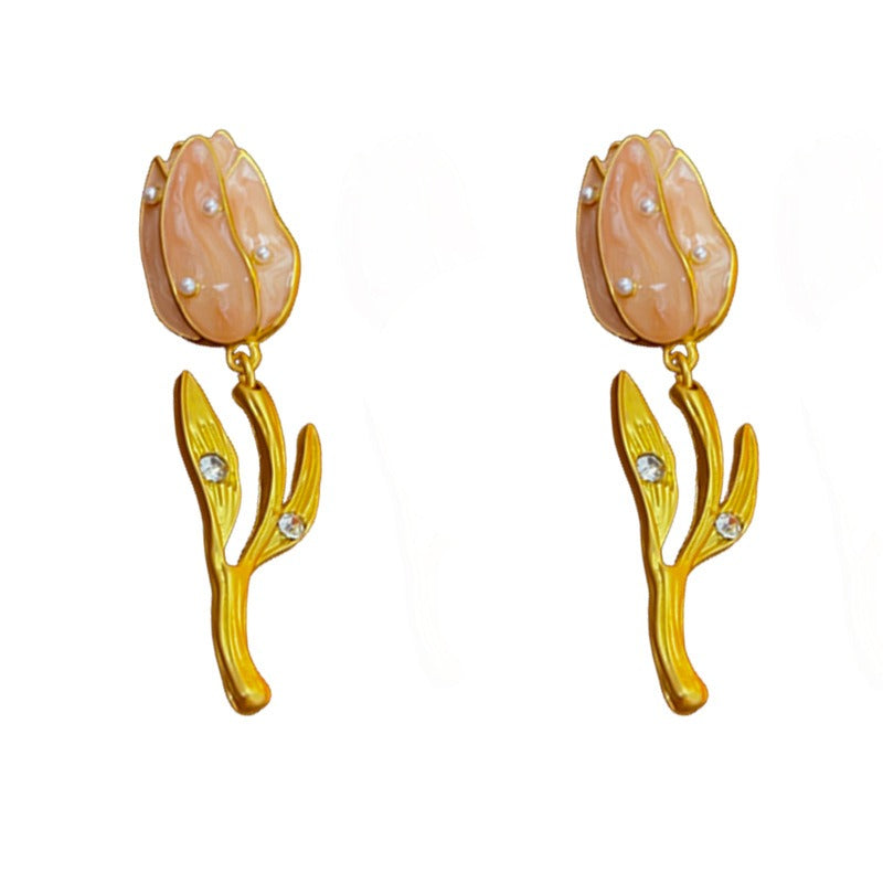 Gold Tulip Pearl Drop Earrings