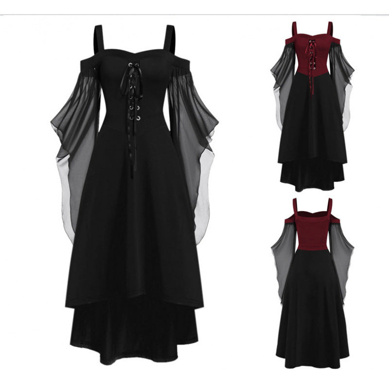 Plus Size Gothic Off-Shoulder Witch Dress | Flared Sleeve Chiffon Maxi Dress