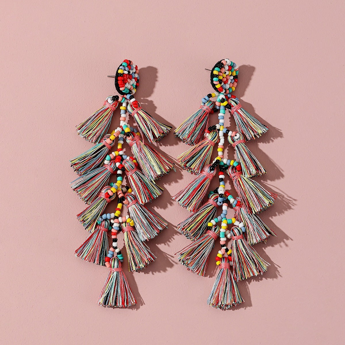 Rice Bead Cascading Tassel Drop Earrings | Long Boho Statement Earrings
