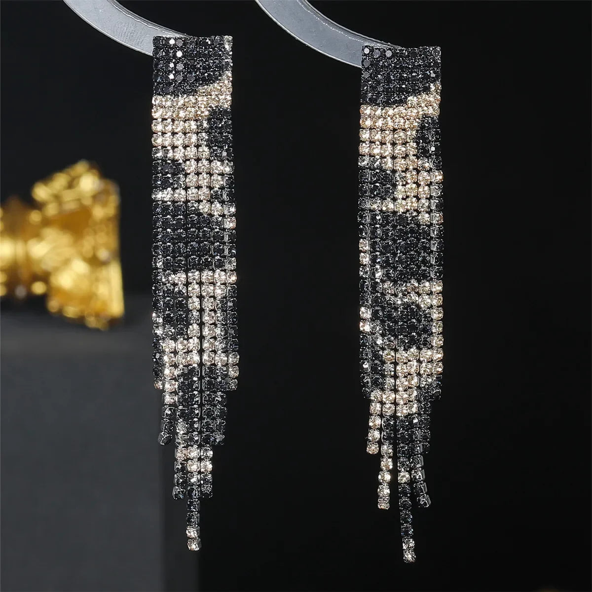 Black Rhinestone Crystal Long Tassel Earrings