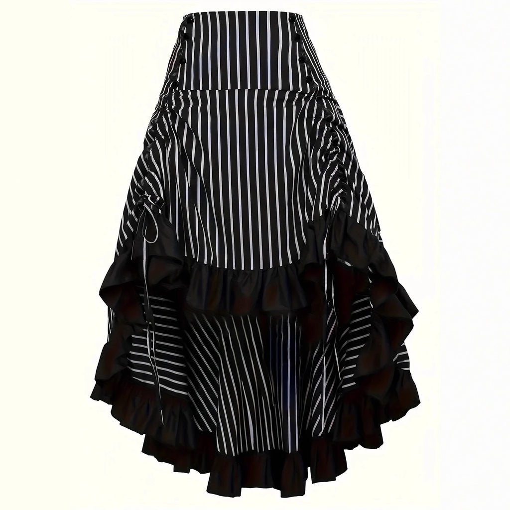 Gothic Vintage Asymmetric Ruffle Skirt | A-Line Color Block Midi | Black S–XXL