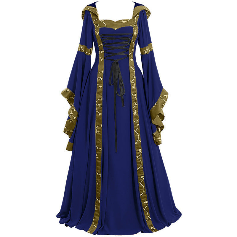 Medieval Gothic Victorian Hooded Strap Dress – Trumpet Sleeve