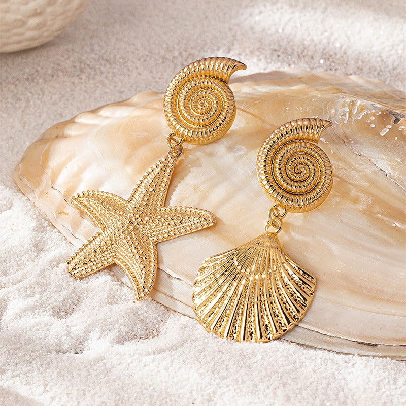 Gold Starfish & Shell Statement Earrings