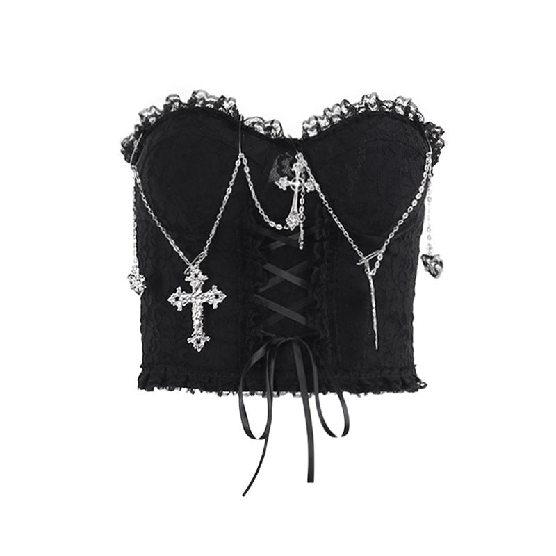 Gothic Cross Chain Strapless Crop Top