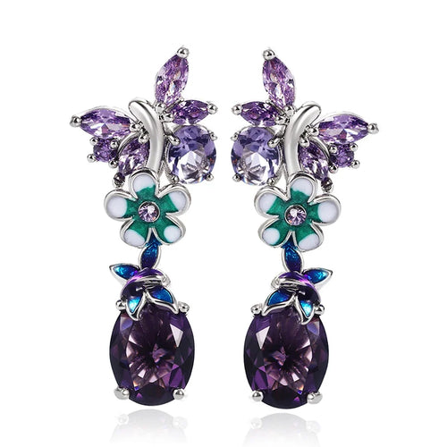 Butterfly & Floral Zircon Drop Earrings | Purple Gemstone Statement Earrings