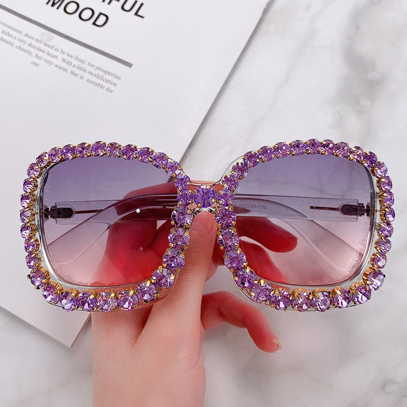 Oversized Square Rhinestone Crystal Sunglasses | Vintage Luxury UV400 | Black, Silver, Pink, Purple
