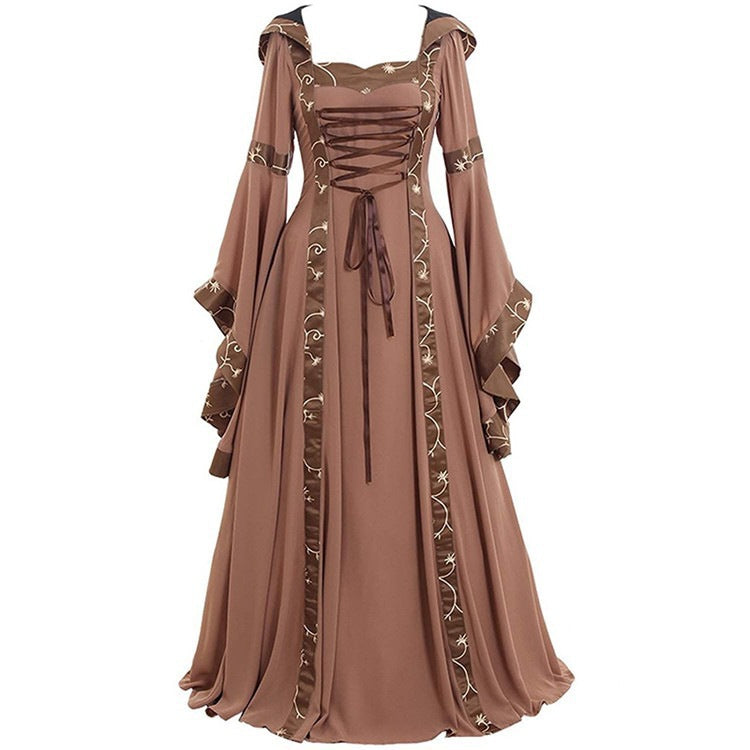 Medieval Gothic Victorian Hooded Strap Dress – Trumpet Sleeve