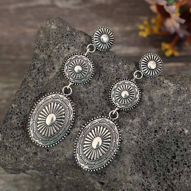 Vintage Medallion Dangle Earrings | Triple-Tier Sunburst Alloy Drop Earrings