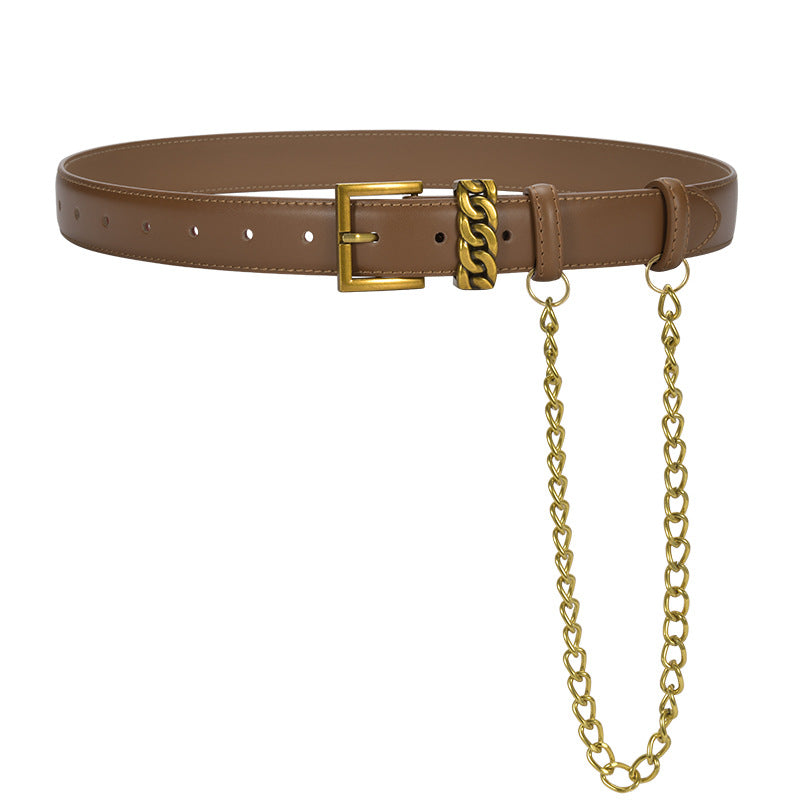 Women's Fashion Genuine Leather Chain Cummerbunds Female Dress Corsets Waistband Belts Decoration Narrow Belt
