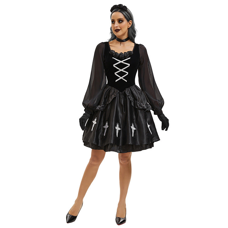 Gothic Ghost Bride Costume Set | 4-Piece Dark Witch Vampire Outfit | Halloween Women's Dress | M–XL