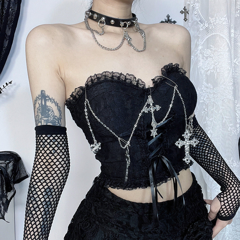 Gothic Cross Chain Strapless Crop Top