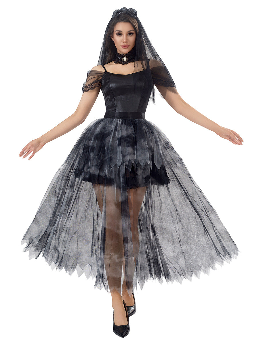 Gothic Ghost Bride Witch Dress Set | Sexy Strapless Dress with Veil & Neckwear