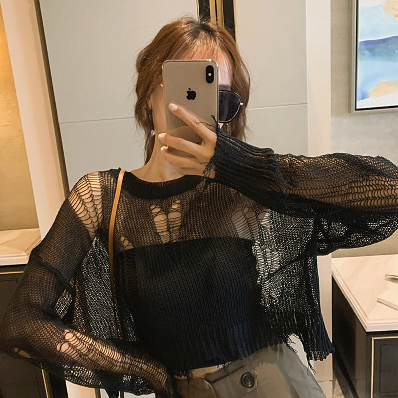 Gothic Hollow-Out Knit Pullover – Short Crop Top