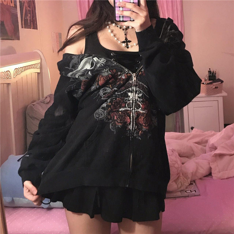Gothic Zipper Hoodie Cardigan – Fleece-Lined Loose Fit