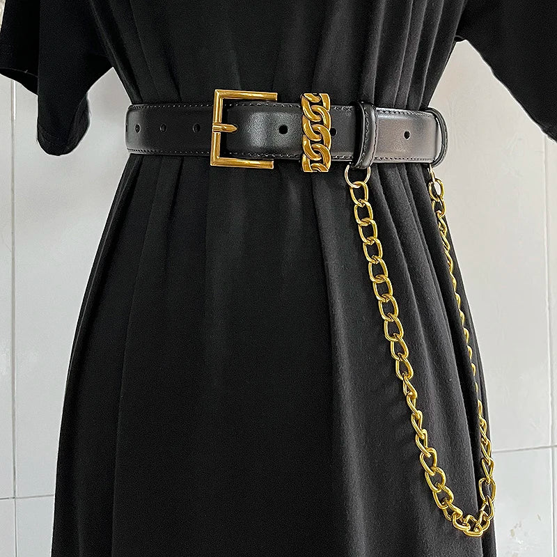 Women's Fashion Genuine Leather Chain Cummerbunds Female Dress Corsets Waistband Belts Decoration Narrow Belt