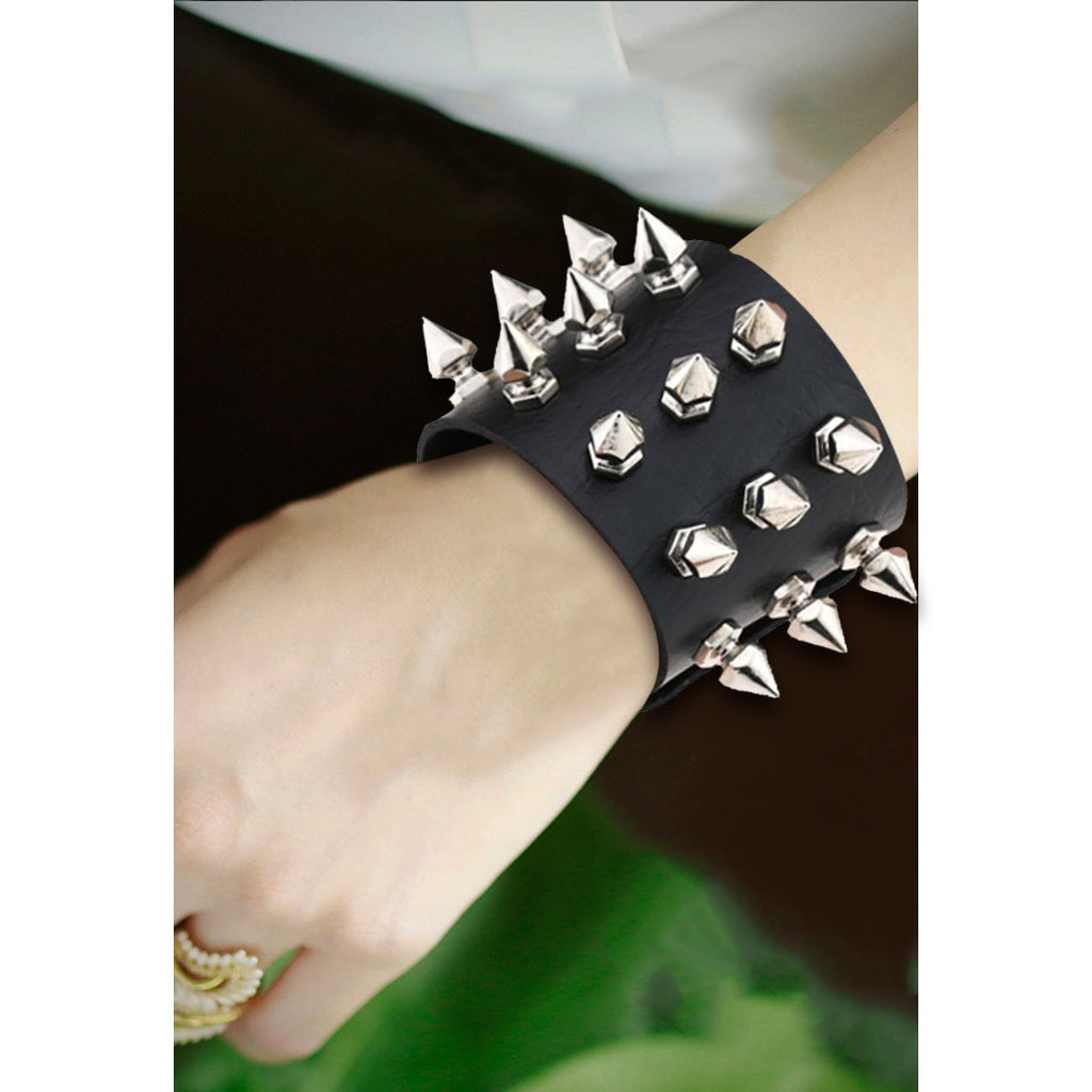 Punk Gothic Spiked Rivet Leather Cuff Bracelet | Wide Wristband | Black & Red