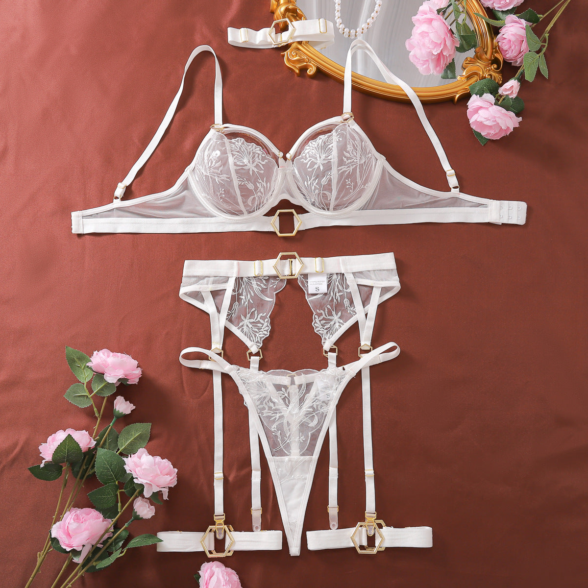 5-Piece Mesh Lingerie Set with Metal Buckle | Underwire Bra Set | Red & White | S–L
