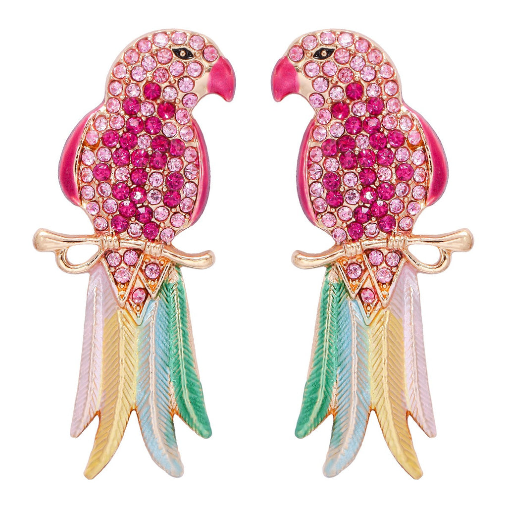 Retro full diamond colored cute animal bird lady earrings and earrings