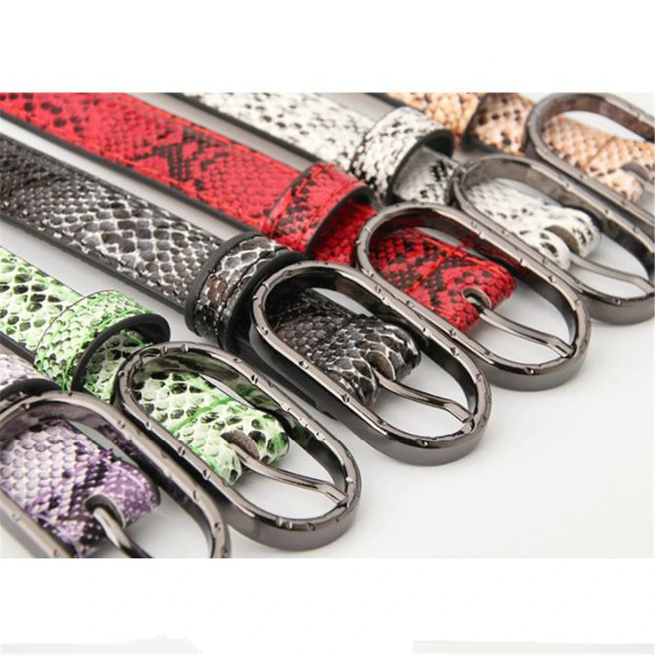 Snake Print Thin Faux Leather Belt | Pin Buckle Waist Strap for Women | Black