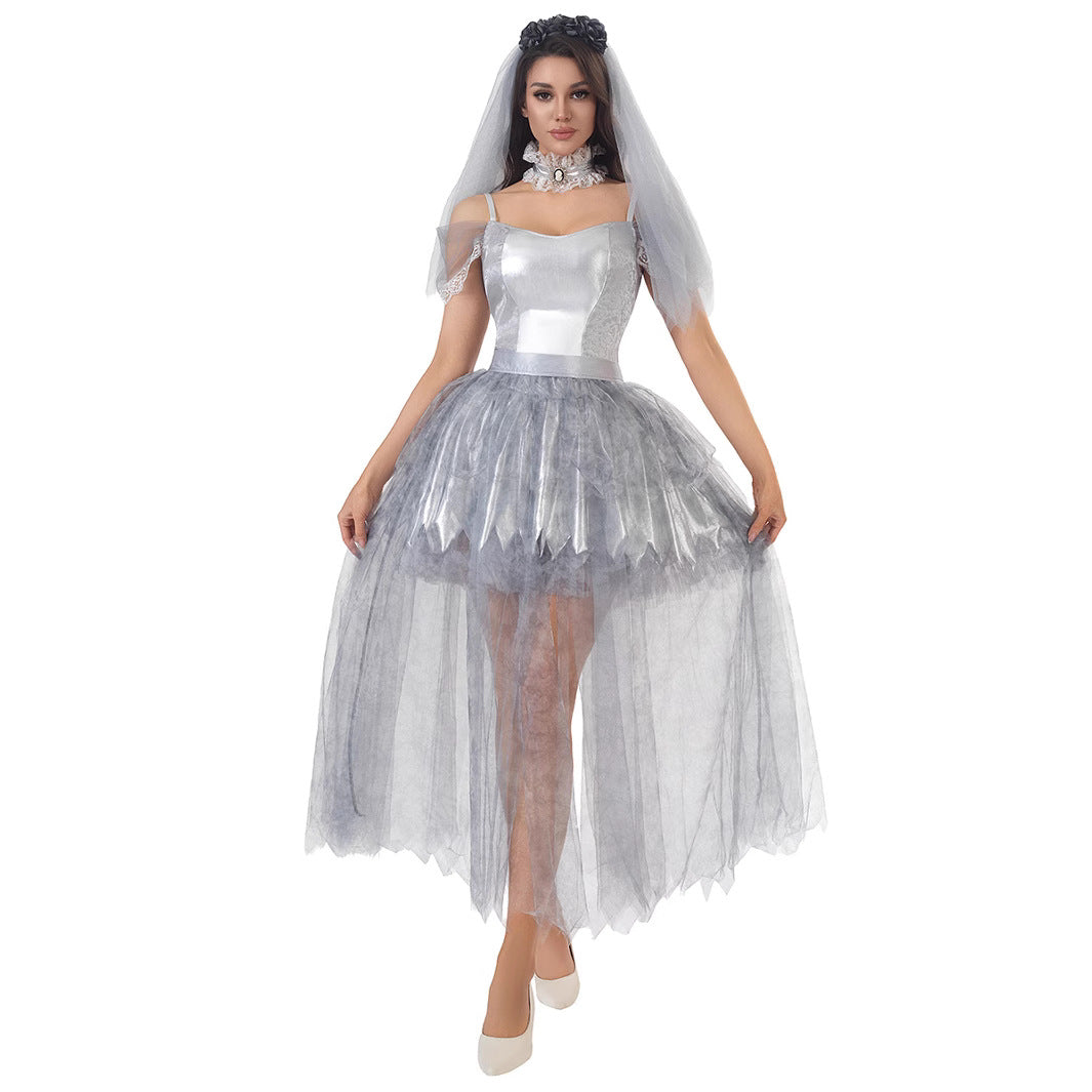 Gothic Ghost Bride Witch Dress Set | Sexy Strapless Dress with Veil & Neckwear