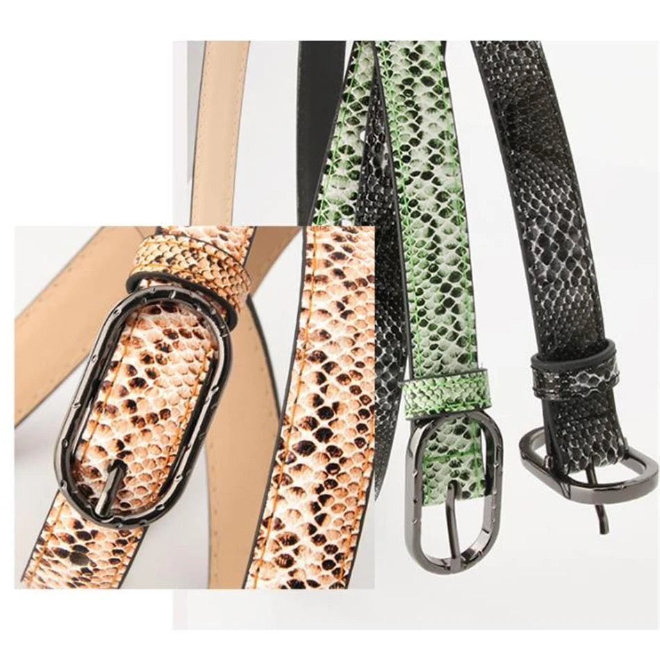 Snake Print Thin Faux Leather Belt | Pin Buckle Waist Strap for Women | Black