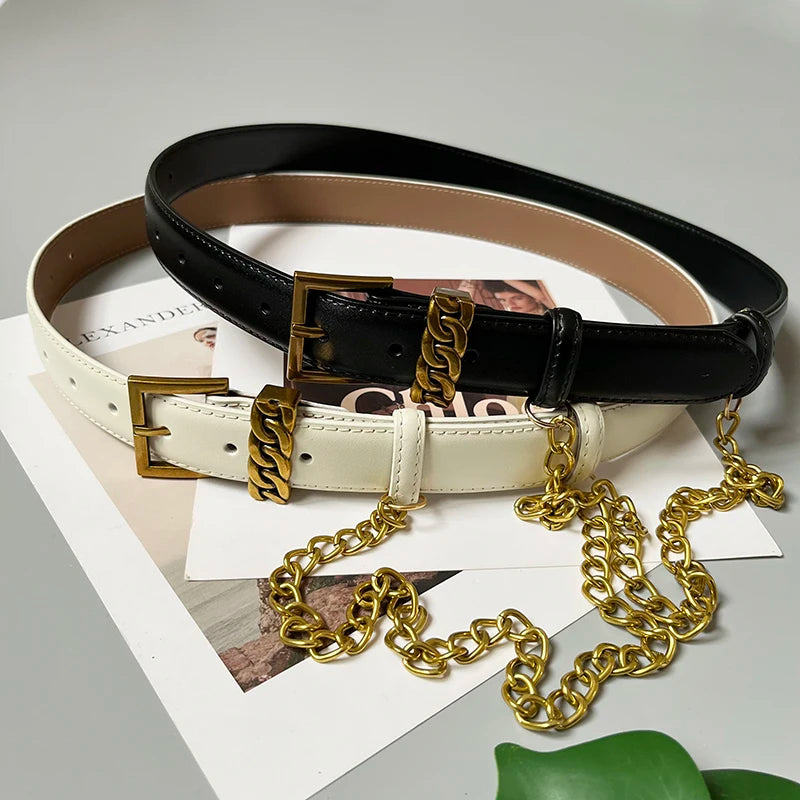 Women's Fashion Genuine Leather Chain Cummerbunds Female Dress Corsets Waistband Belts Decoration Narrow Belt